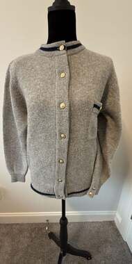 Jayson Younger Vintage 100% Lambswool Grey Cardigan Navy Trim Gold Buttons M